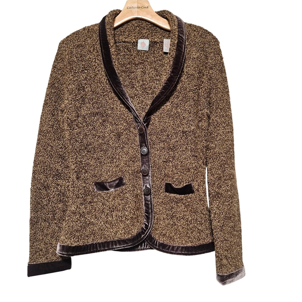 Anthropologie HWR Velvet Trim Boucle‎ Cardigan Blazer Women M Brown Wool Blend - Picture 12 of 13